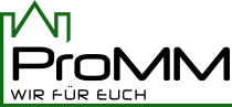 Das Logo zeigt eine stillisierte Silouette als grüne Kontur des Westwerks der Stiftskirche, in der der Text ProMM sowie WIR FÜR EUCH in schwarzfarbigem, modernem Schrifttyp steht.